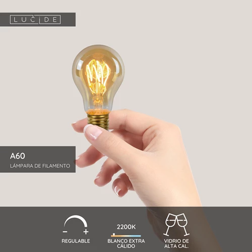 Lucide A60 - Lámpara de filamento - Ø 6 cm - LED 3 StepDim (Memoria) - E27 - 1x4,9W 2200K - Ámbar - USP